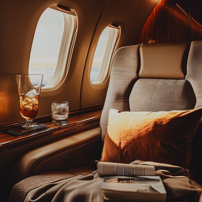 Luxurious Airline First-Class Cabin with Cocktail Service and La This image showcases the sophisticated and luxurious experience of traveling by private jet The plush leather seating,wooden accents,and elegant cocktail service create an atmosphere of exclusivity