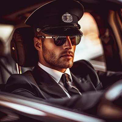 Professional driver, private chauffeur in luxury car, chauffeur service, man in uniform, auto rental Professional driver, private chauffeur in luxury car, chauffeur service, man in uniform, professional transportation, auto rental, driver service, generative ai illustration